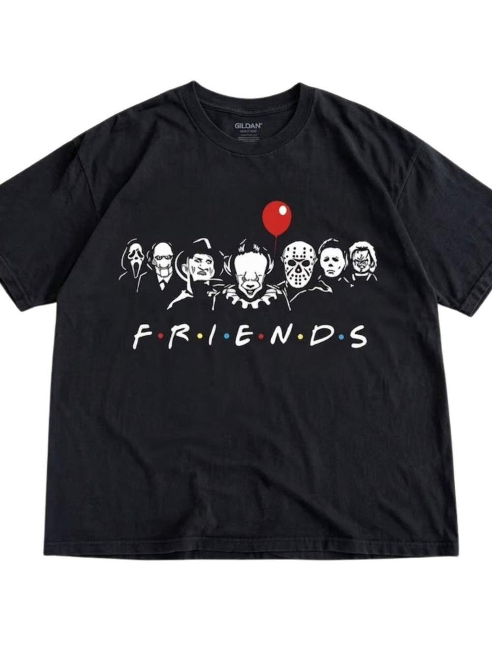 Gildan Black Tee with White Horror Characters and Red Balloon Graphic
